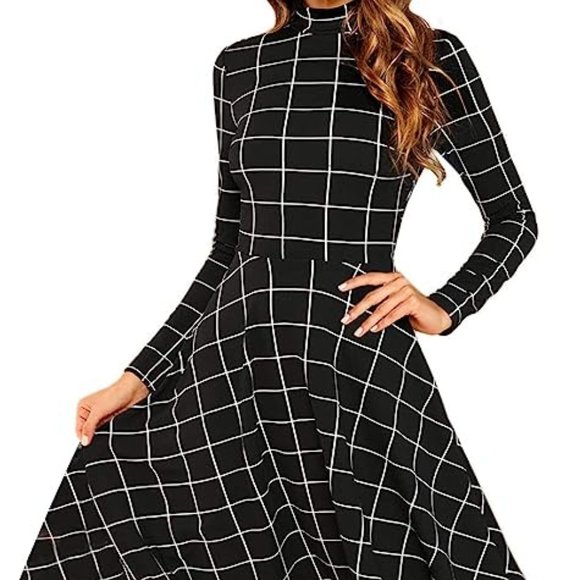 Floerns Dresses & Skirts - Floerns Large High Neck Plaid Fit and Flare Midi Dress